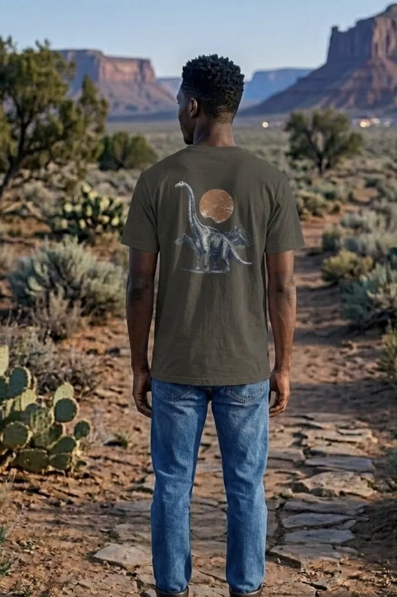 Jurassic Instinct natural-history graphic tee worn in the desert